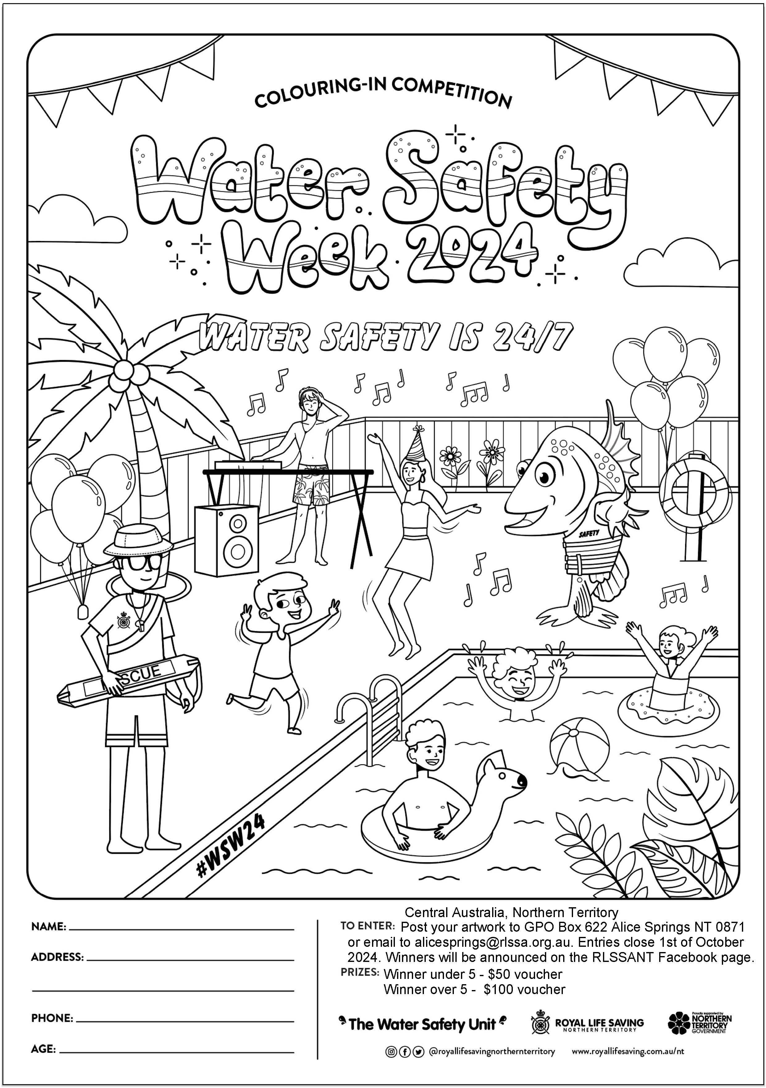 Water Safety Week 2024 - Colouring In Sheet - Central Australia