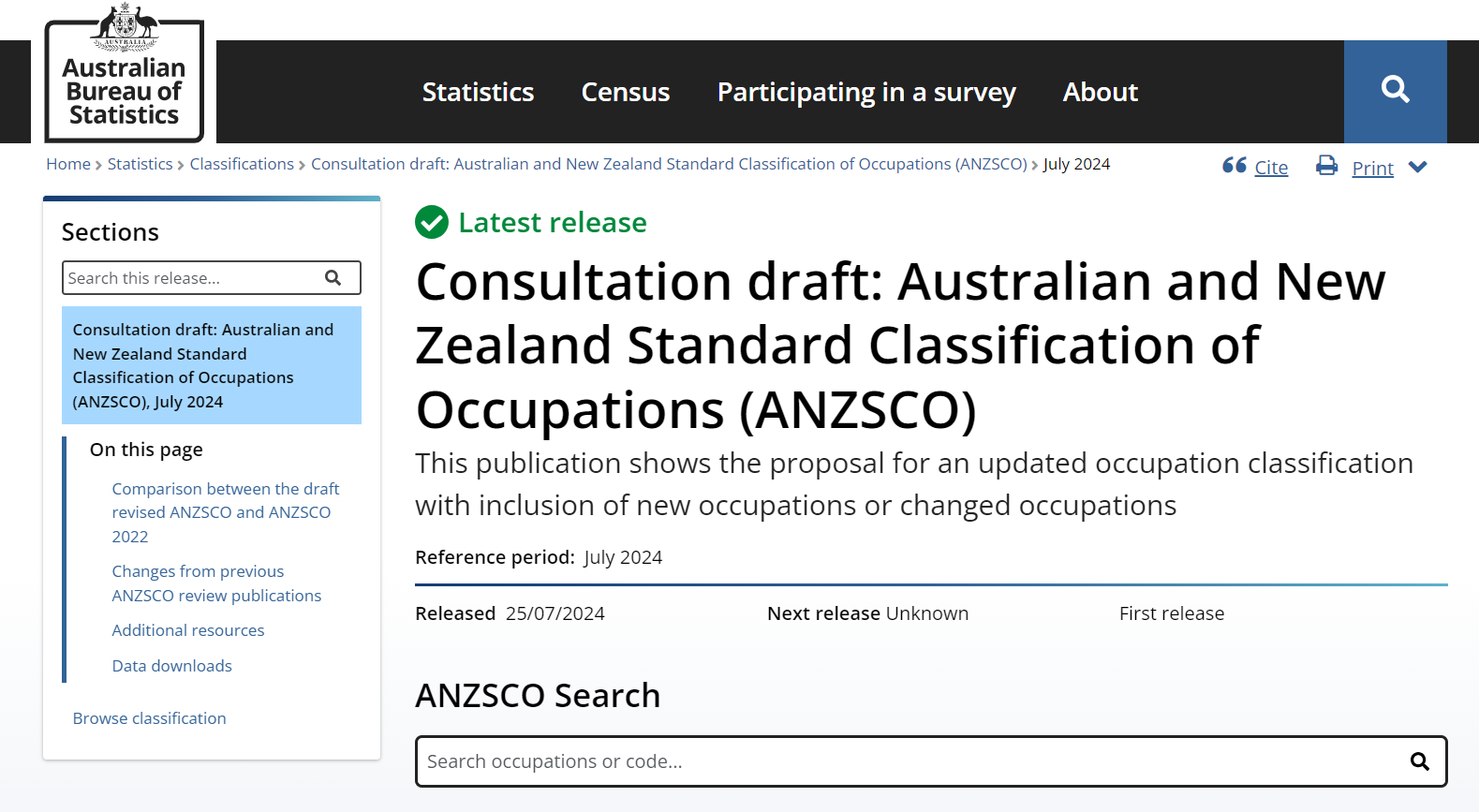 A screenshot of the Australian Bureau of Statistics website. The page is titles "Consultation draft: Australian and New Zealand Standard Classification of Occupations (ANZSCO)"